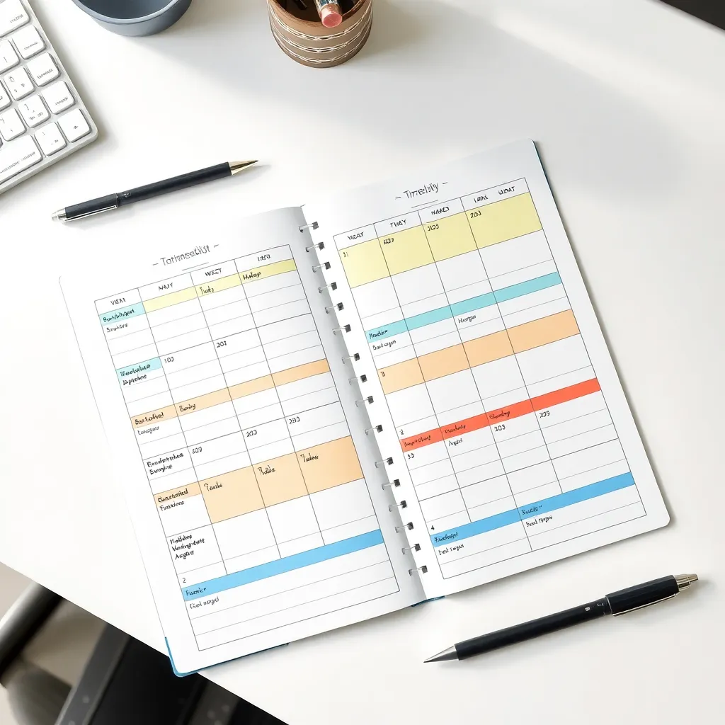 Professioneel ingedeelde agenda met kleurgecodeerde timeblocks en duidelijke planning structuur