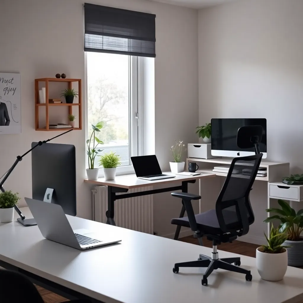 Professionele thuiswerkplek met ergonomisch bureau en digitale apparaten